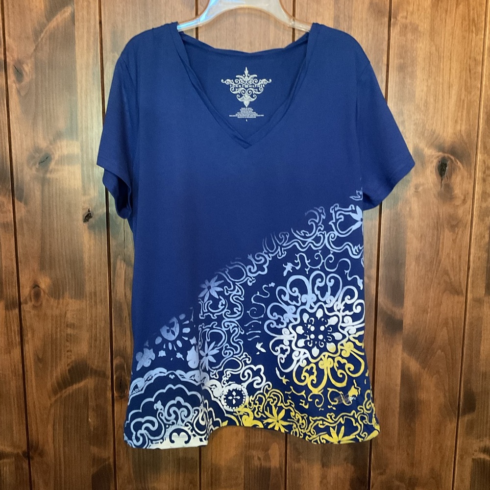 Tommy Hilfiger Blue V-Neck Short Sleeve Top with White and Yellow Scroll Print